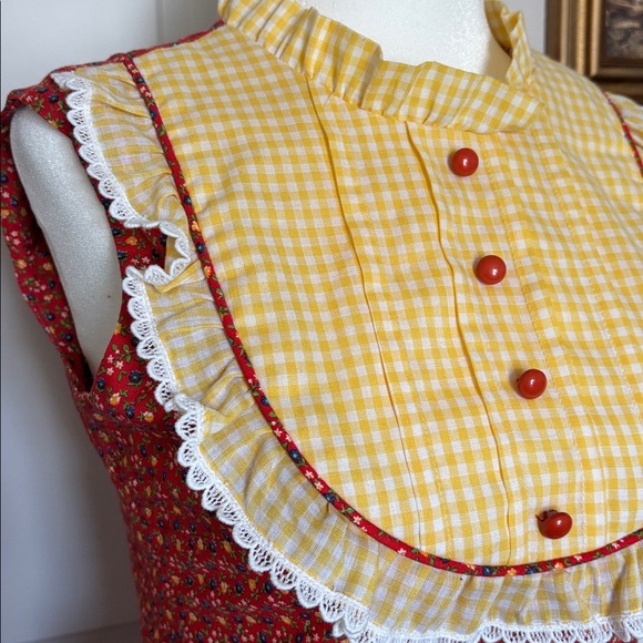 Lola Juniors 3 Vintage Ruffle Gingham Floral Red and Yellow Sleeveless Dress 70s - Picture 3 of 8